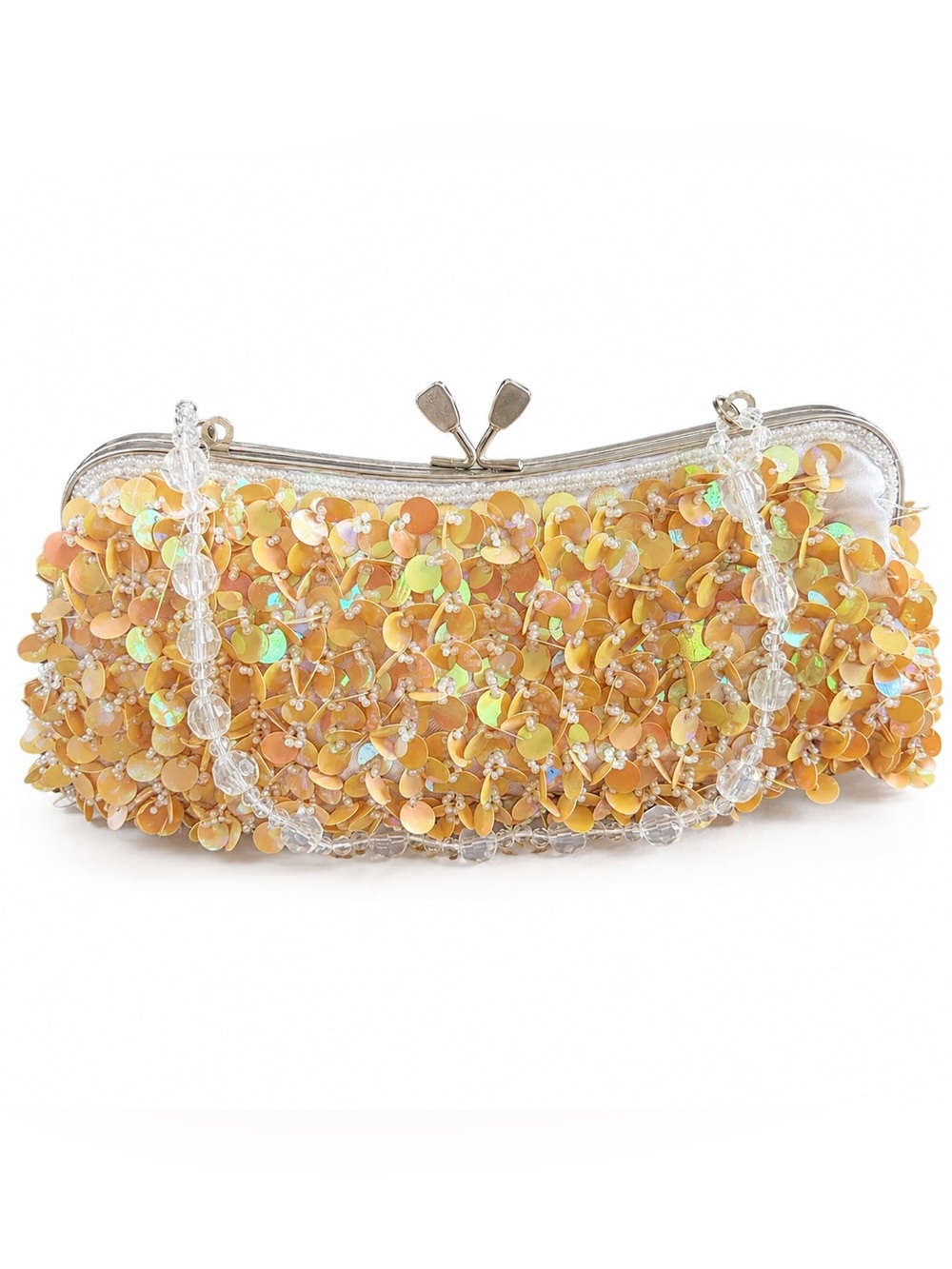 NWT Nicole Lee Peach Iridescent Sequin Beaded Kiss Lock Evening Bag